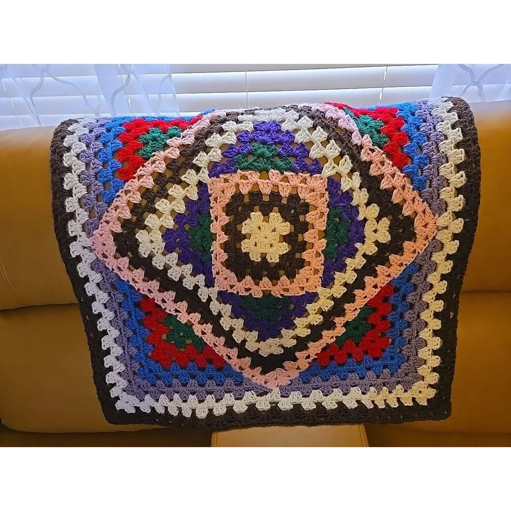 Vtg Handmade Granny‎ Square Crochet Afghan Blanket 30x29 Boho Multi-Color Retro